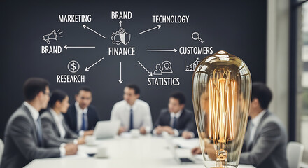 Bright idea concept with a vintage light bulb illuminating a strategic finance ecosystem diagram on a wall, depicting essential business elements like marketing, brand, technology, customers, statisti