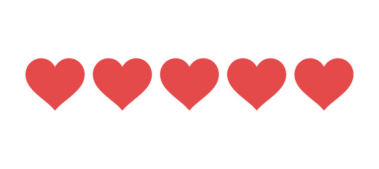 Five red hearts arranged in a horizontal row on a plain white background