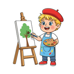 Young Boy Artist Painting Green Tree on Easel.