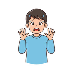 Surprised Young Boy Sweating with Hands Raised in Fear.