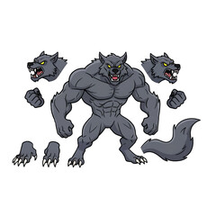 Muscular Cartoon Werewolf Snarling with Sharp Claws and Fangs.