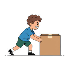 Young Boy Straining to Lift Heavy Cardboard Box.