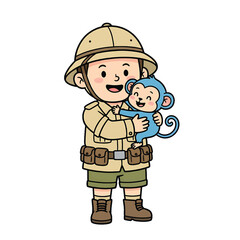 Young Boy Explorer Holding Cute Blue Monkey.