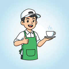 Smiling Young Barista Serving Steaming Cup with Thumbs Up.