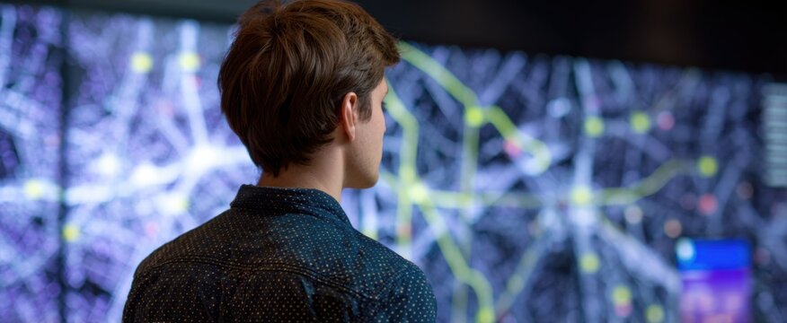 Traveler with sleek digital map display at bustling modern public transit hub