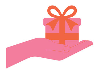 Illustration of a pink hand holding a pink gift box with orange ribbon