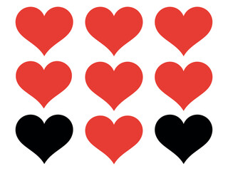 Arrangement of hearts in red and black on a white background surface