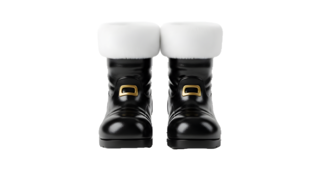 Festive black Santa boots with fur trim shine, suitable for Christmas cards, seasonal promotions, and holiday-themed designs. - Powered by Adobe