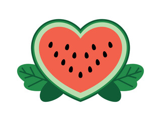 Illustration of a heart shaped watermelon with seeds and green leaves