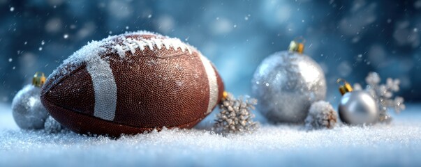 Naklejka premium American football Christmas background with snow and decorations.