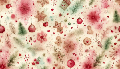 Festive watercolor illustration style background in beige and red shades representing a traditional holiday bakery theme