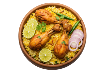 Overhead flat lay of chicken biryani with succulent chicken, fragrant basmati rice, cilantro, lime, red onion, chilies in a dark wooden bowl on a transparent background, copy space. Mouth-watering