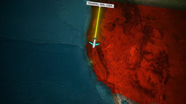 Seattle to San Francisco Flight Path Animation on World Map