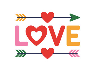Colorful love text with hearts and arrows on a white background design