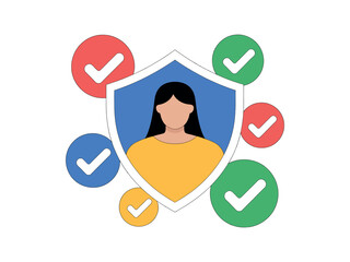 Illustration of a person behind a shield surrounded by check mark icons