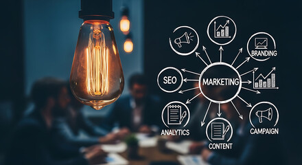 Innovative marketing strategy meeting with an illuminated light bulb symbolizing new ideas and creative business solutions amidst a collaborative team discussion, outlining key digital branding concep