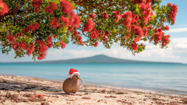Kiwi bird wearing Santa Claus hat sitting under blooming pohutukawa tree (Metrosideros excelsa) on the beach on a sunny day. Iconic New Zealand's native tree and endemic bird, season greeting card. 