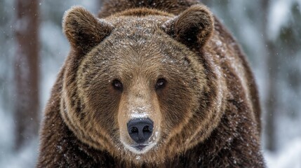 Fototapeta premium A large grizzly bear stands in a snowy forest surveying its surroundings with keen eyes.