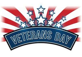 Veterans day banner design with white outlined stars bursting over a blue curved banner displaying veterans day against a red and white sunburst background, isolated on white background