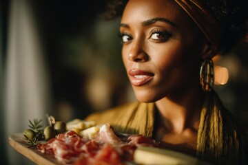 Beautiful african american woman holding a charcuterie board at a Thanksgiving event. 