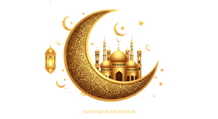 Golden crescent moon and mosque illustration for islamic holidays and celebrations
