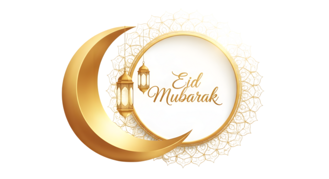 Elegant gold eid mubarak design with crescent moon and lantern on black background