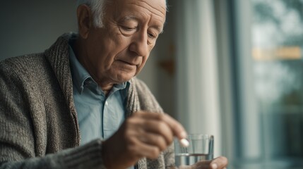 An elderly man is taking his medication with a glass of water, carefully ensuring he stays healthy. This action reflects the man's commitment to maintaining his health and wellness