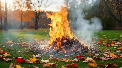 Burning autumn leaves in golden light creates a warm, cozy, and nostalgic feeling of seasonal change and outdoor cleanup tasks