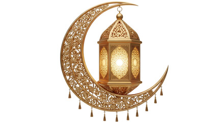 Golden crescent moon and ornate lantern for ramadan kareem celebration