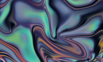 Fototapeta premium Abstract illustration with flowing waves in dark blue, teal, and hints of green and purple. The glossy, iridescent texture creates a metallic, liquid marble effect with smooth gradients and depth.