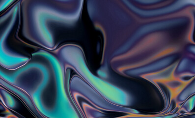 Abstract illustration with flowing waves in dark blue, teal, and hints of green and purple. The glossy, iridescent texture creates a metallic, liquid marble effect with smooth gradients and depth.