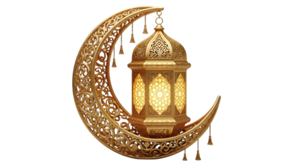 Golden ramadan lantern with crescent moon decoration on a black background