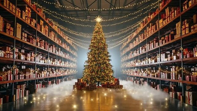 Magical Christmas tree shines in a warehouse full of festive gifts awaiting shipment, creating a heartwarming holiday distribution scene
