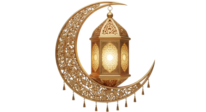 Golden crescent moon and ornate lantern for ramadan kareem celebration