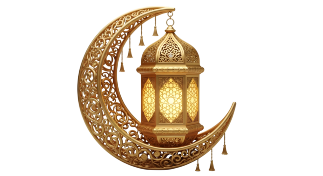 Golden ramadan lantern with crescent moon decoration on a black background