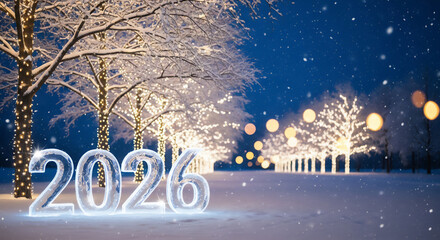 2026年を象徴する雪景色とイルミネーションの幻想的な冬の夜景
