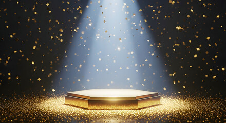 Golden Hexagonal Podium with Falling Confetti and Spotlight stage award