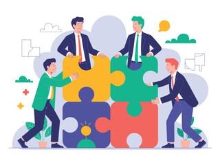 Four business people collaborating to assemble a large puzzle pieces set