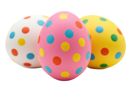Three vibrant pink, yellow, white Easter eggs with multicolored polka dots, pink forward, on transparent background, copy space, subtle shadows, festive Easter holiday atmosphere