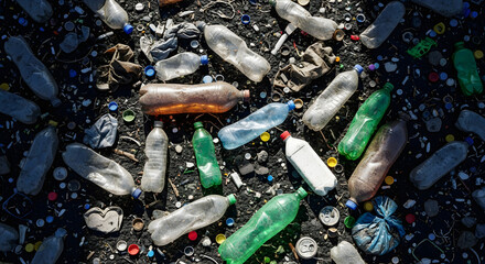 Scattered plastic bottles and debris on dark ground trash litter