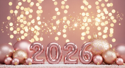 ローズゴールドのオーナメントと輝くライトで彩る2026年の華やかなホリデー背景

