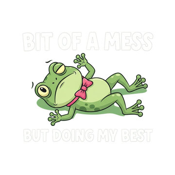 Cartoon frog wearing a pink bow tie lying on its back with arms and legs spread out isolated on transparent background