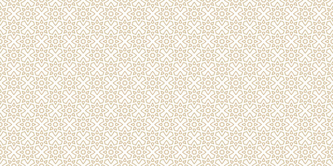 Delicate islamic geometric seamless pattern with oriental arabesque star and floral motifs. Elegant gold background texture with linear ethnic lattice ornament design. Repeating wallpaper for decor
