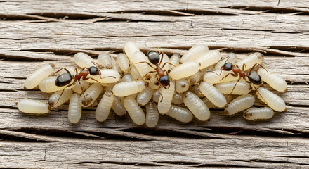 Ants tending to a cluster of larvae and pupae on weathered wood insect insects