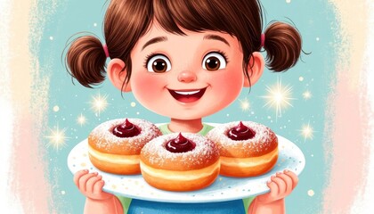 Happy girl holding a plate of colorful donuts, celebrating Hanukkah with joy