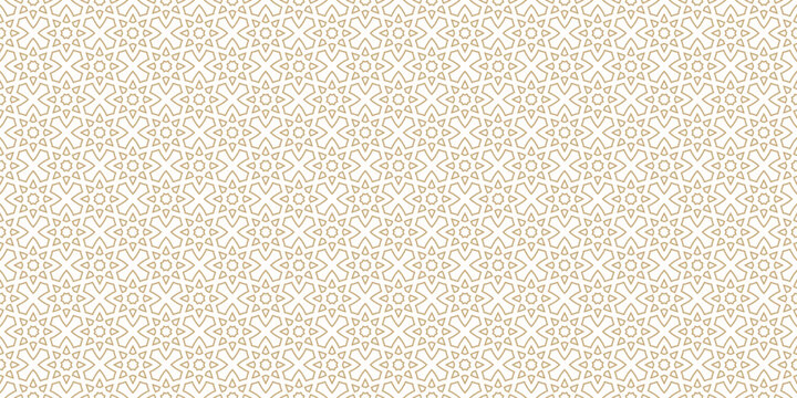 Delicate islamic geometric seamless pattern with oriental arabesque star and floral motifs. Elegant gold background texture with linear ethnic lattice ornament design. Repeating wallpaper for decor
