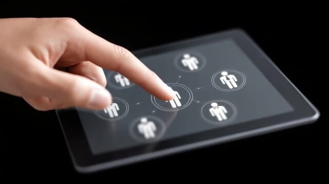 Hand Using Touchscreen Tablet with User Icons and Connectivity Symbols Emerging from the Screen 4k video footage