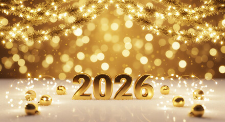 輝くゴールド装飾とライトが彩る2026年のラグジュアリーなホリデー背景
