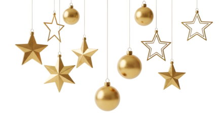 Golden christmas ornaments hanging decoration isolated on transparent background