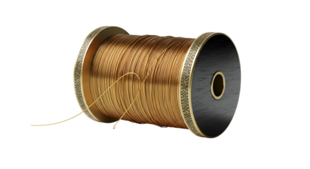 Spool of golden thread isolated on transparent background, ready for embroidery
